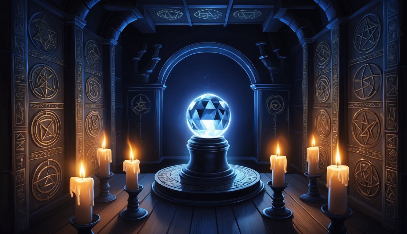 A dimly lit chamber with intricate symbols etched into the walls, a glowing crystal ball at the center, and flickering candles casting eerie shadows