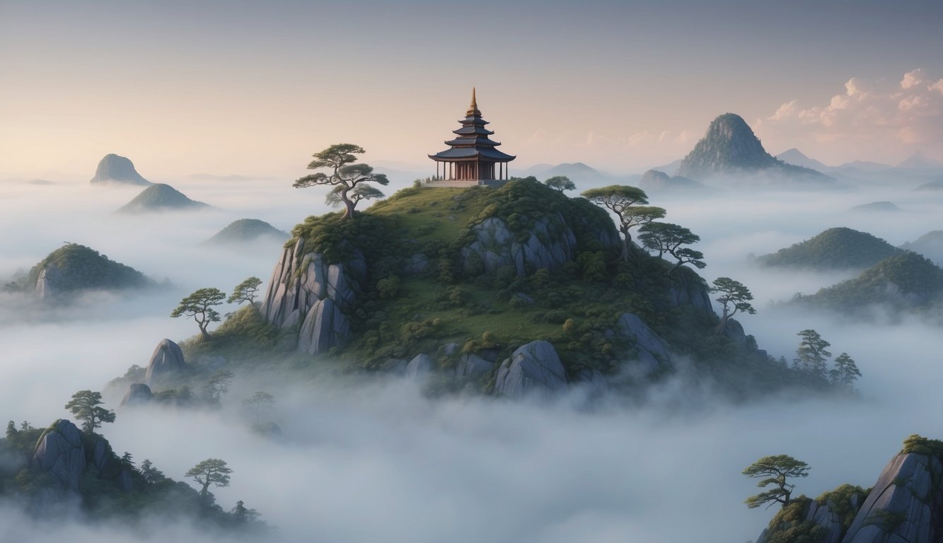 A serene mountaintop with a solitary temple, surrounded by mist and ancient trees, exuding an air of esoteric spirituality