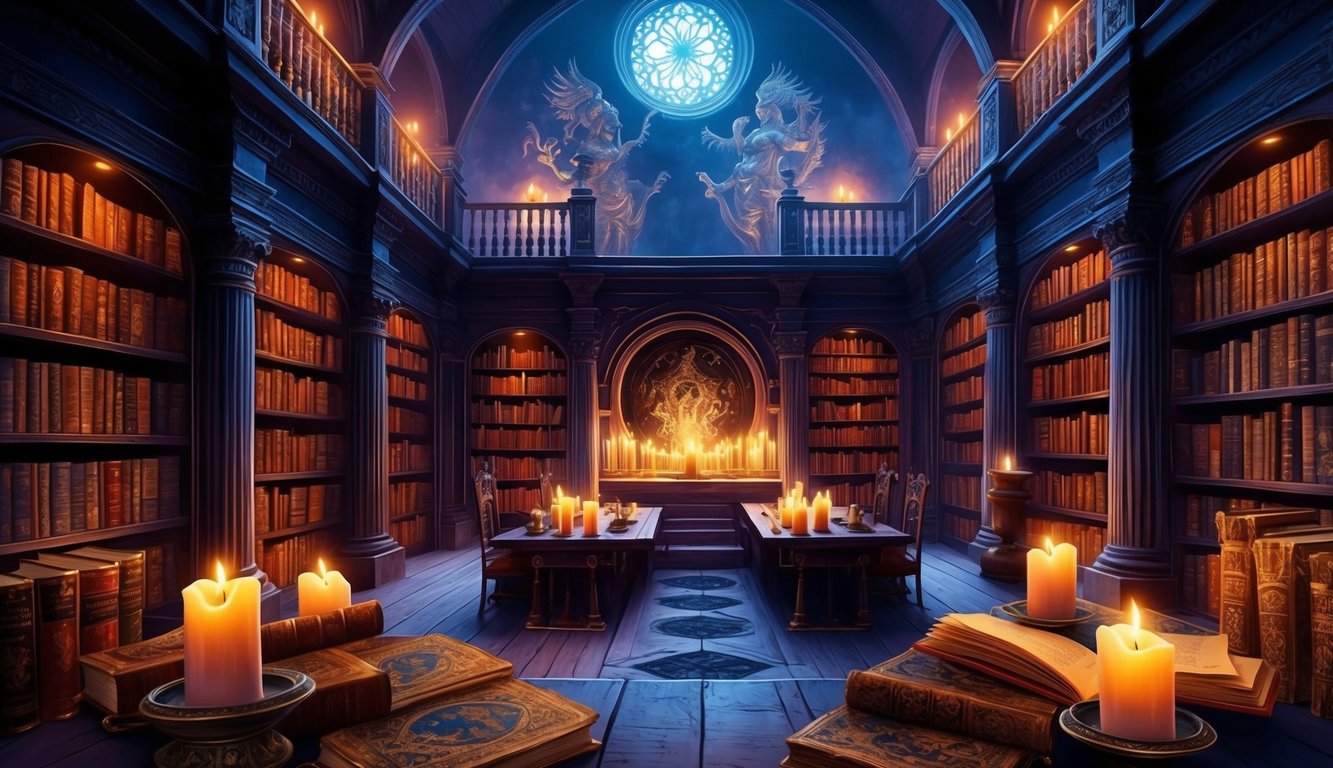 A mystical library with ancient tomes and intricate artwork, illuminated by soft candlelight