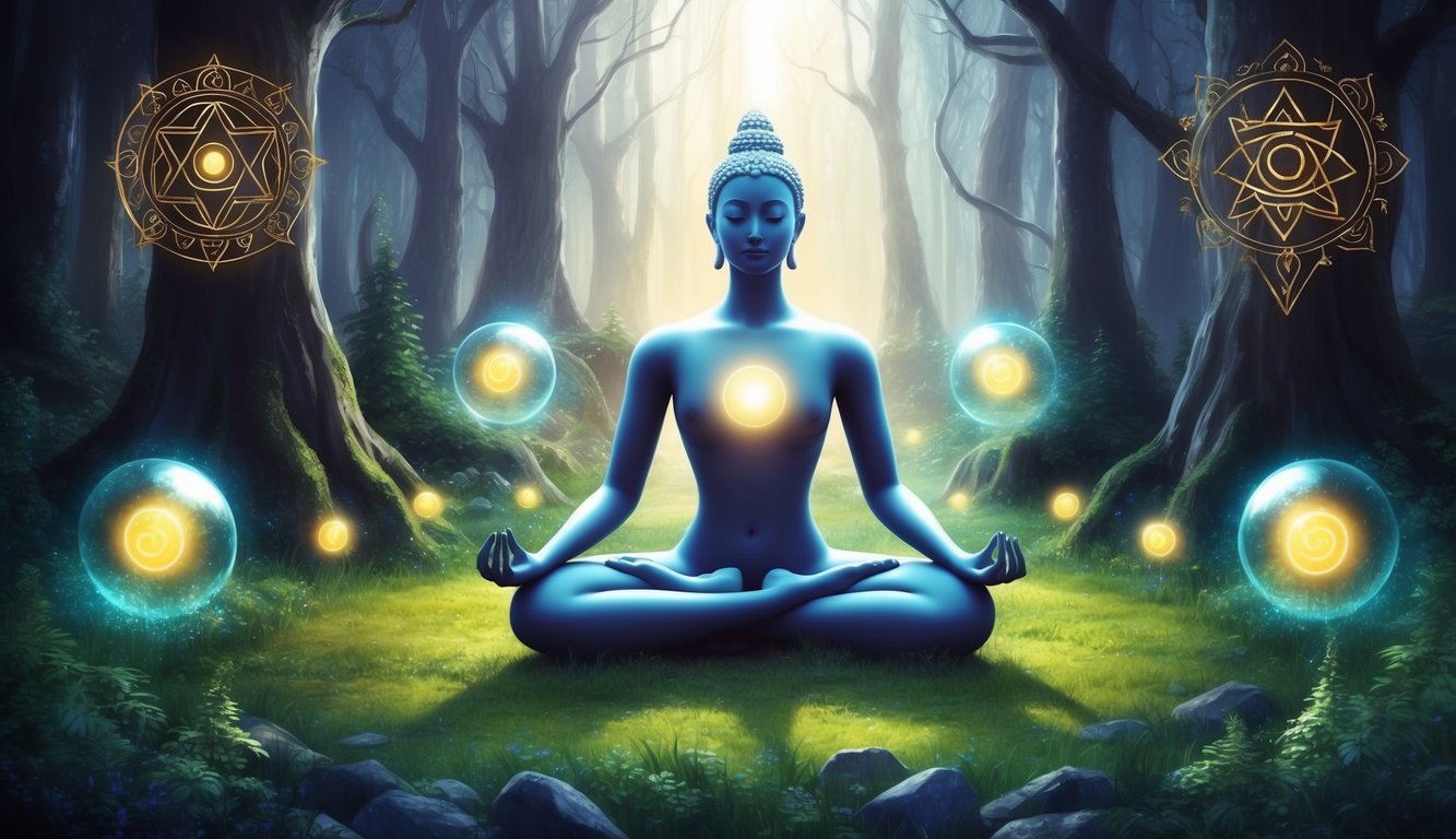 A serene figure meditating in a mystical forest, surrounded by glowing orbs and ancient symbols