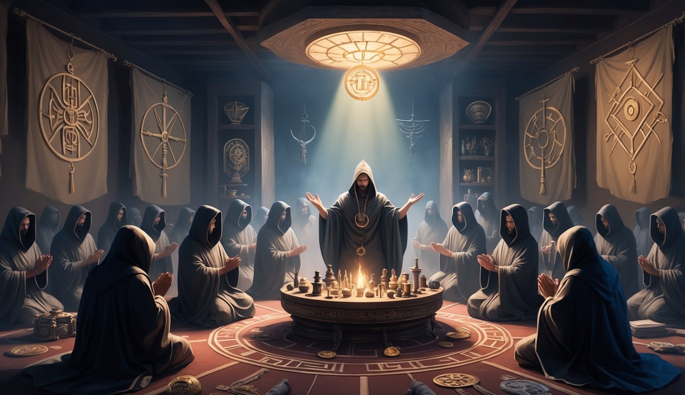 A dimly lit room filled with ancient symbols and artifacts, surrounded by hooded figures engaged in a ritualistic ceremony