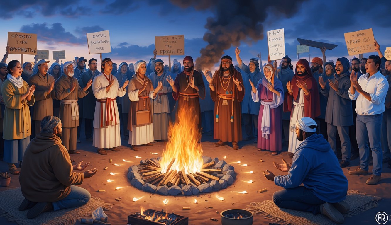 A group of people gather around a sacred fire, chanting and performing rituals, while others stand in opposition, holding signs and protesting