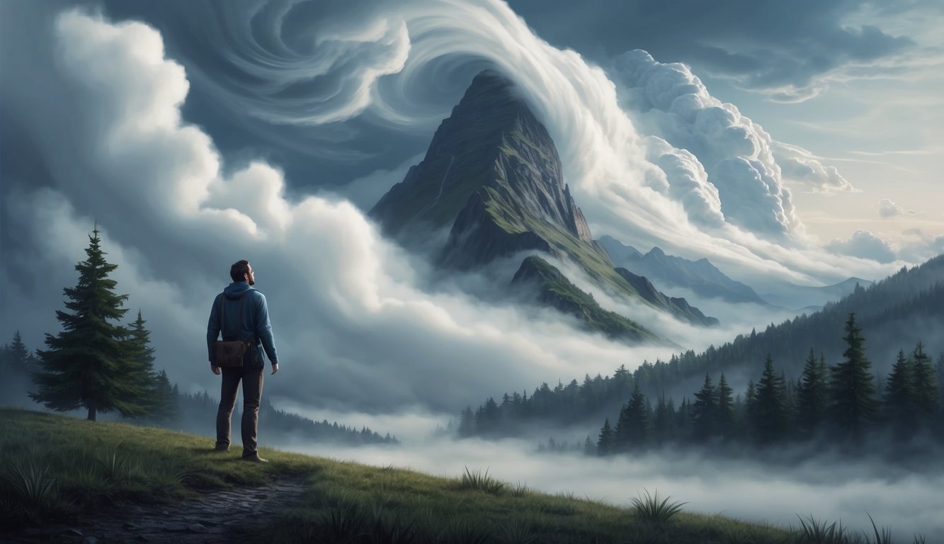 A lone figure standing at the edge of a misty forest, gazing up at a towering mountain peak shrouded in swirling clouds