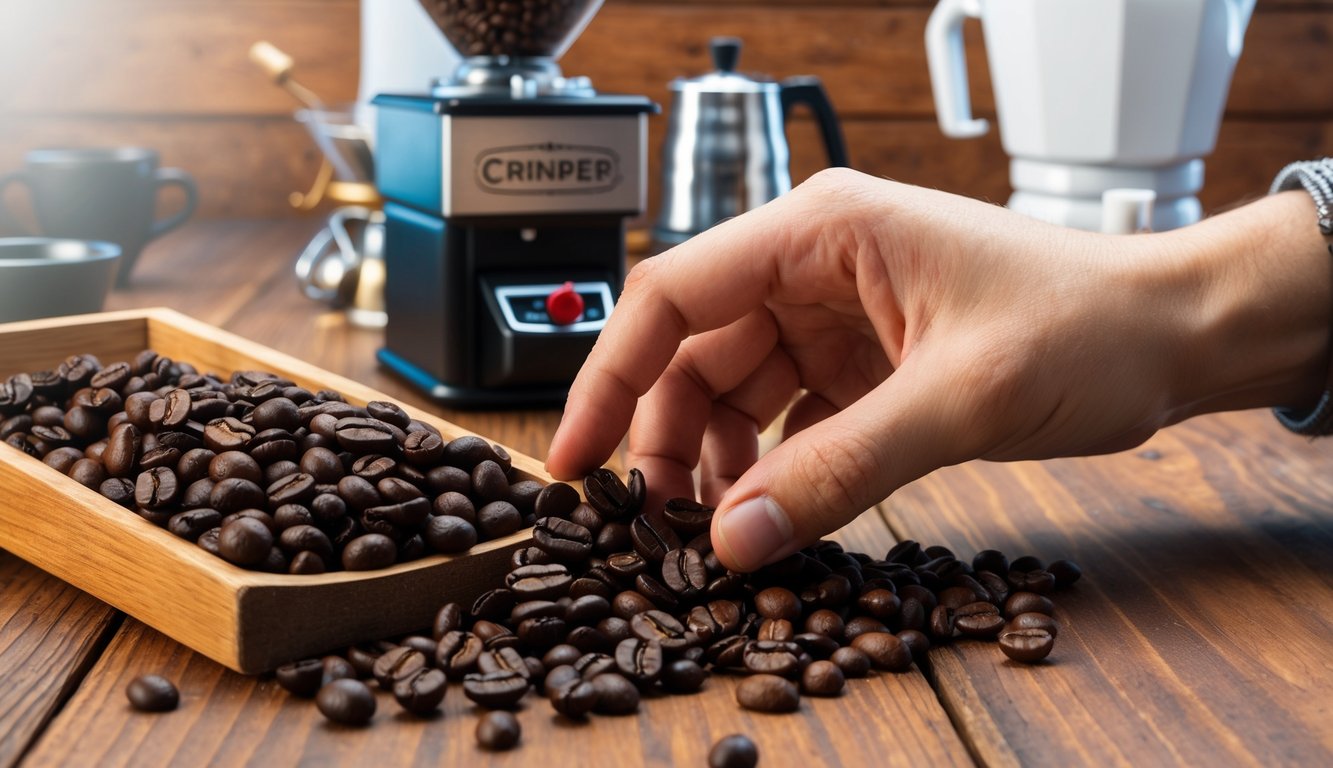 A hand reaching for various types of coffee beans on a wooden table, with a grinder and brewing equipment in the background