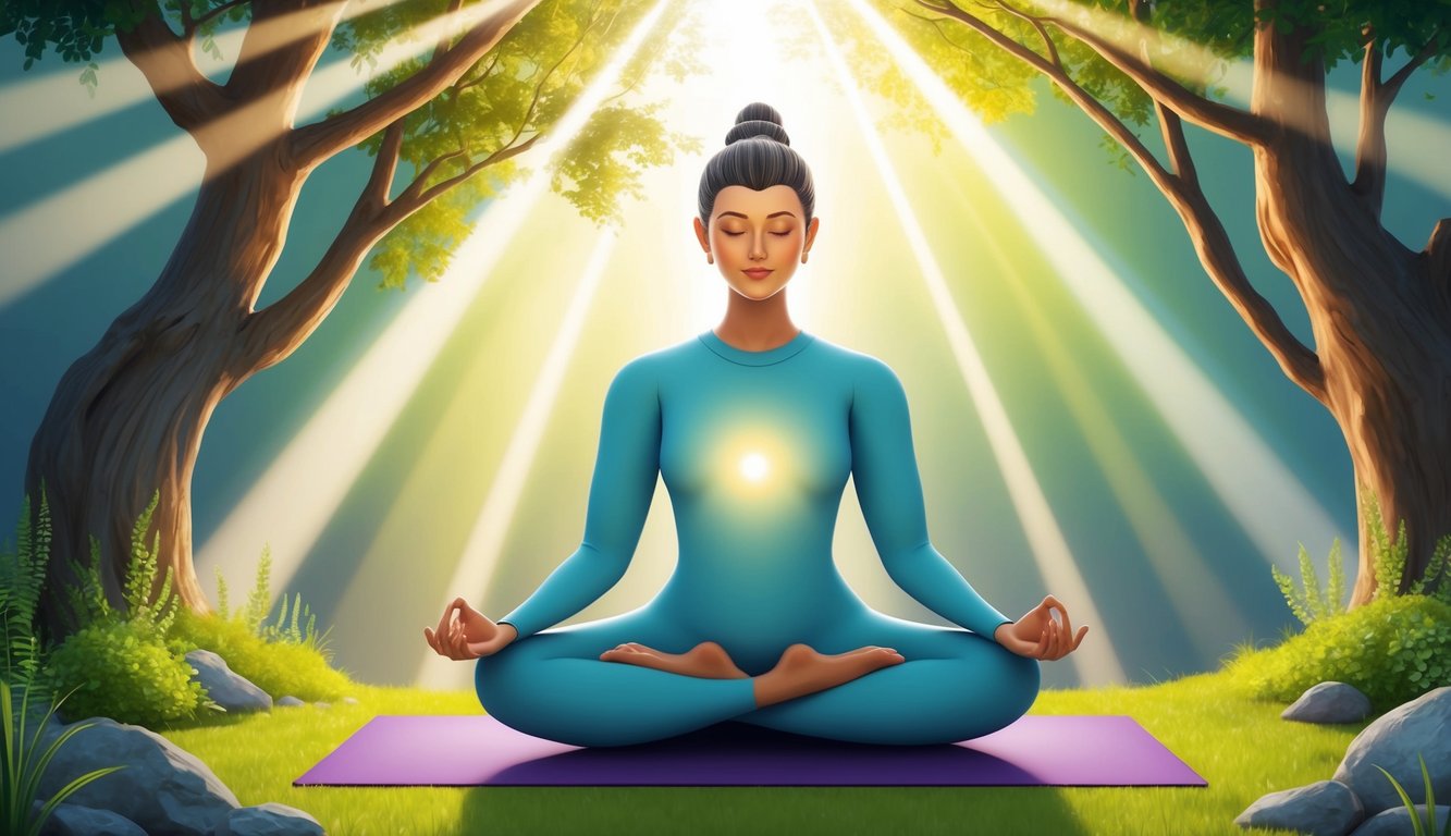 A serene figure sitting cross-legged, surrounded by nature, with rays of sunlight streaming through the trees, practicing meditation techniques