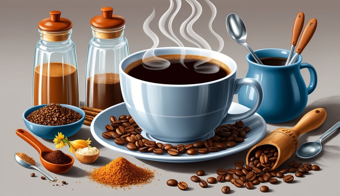 A steaming cup of coffee surrounded by various ingredients and utensils for creating unique coffee twists