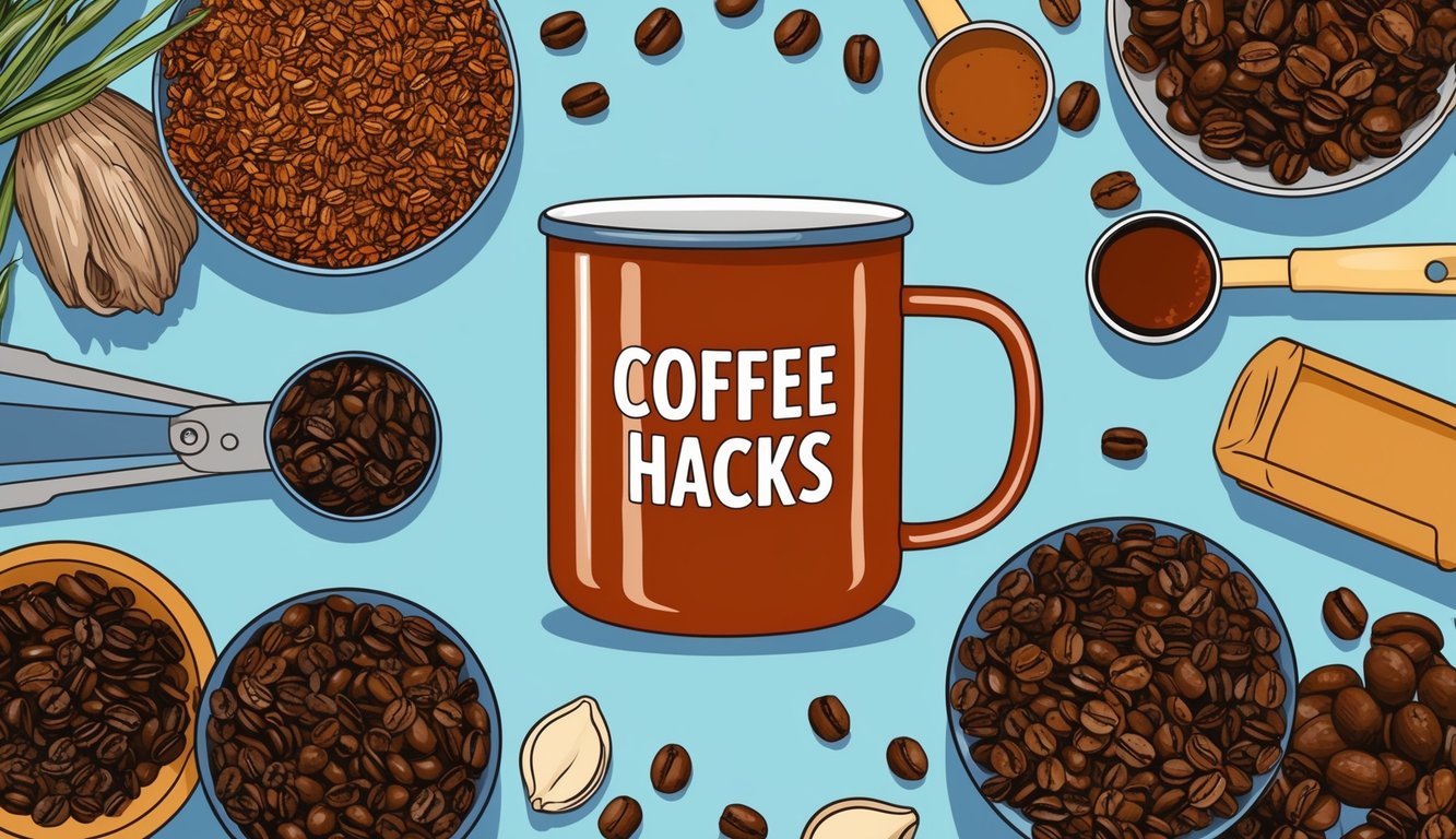 A coffee mug surrounded by various ingredients and tools for coffee hacks