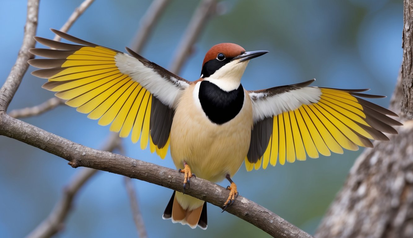 A Northern Flicker perched on a tree branch, displaying its distinctive black crescent on its chest, with vibrant yellow feathers under its wings