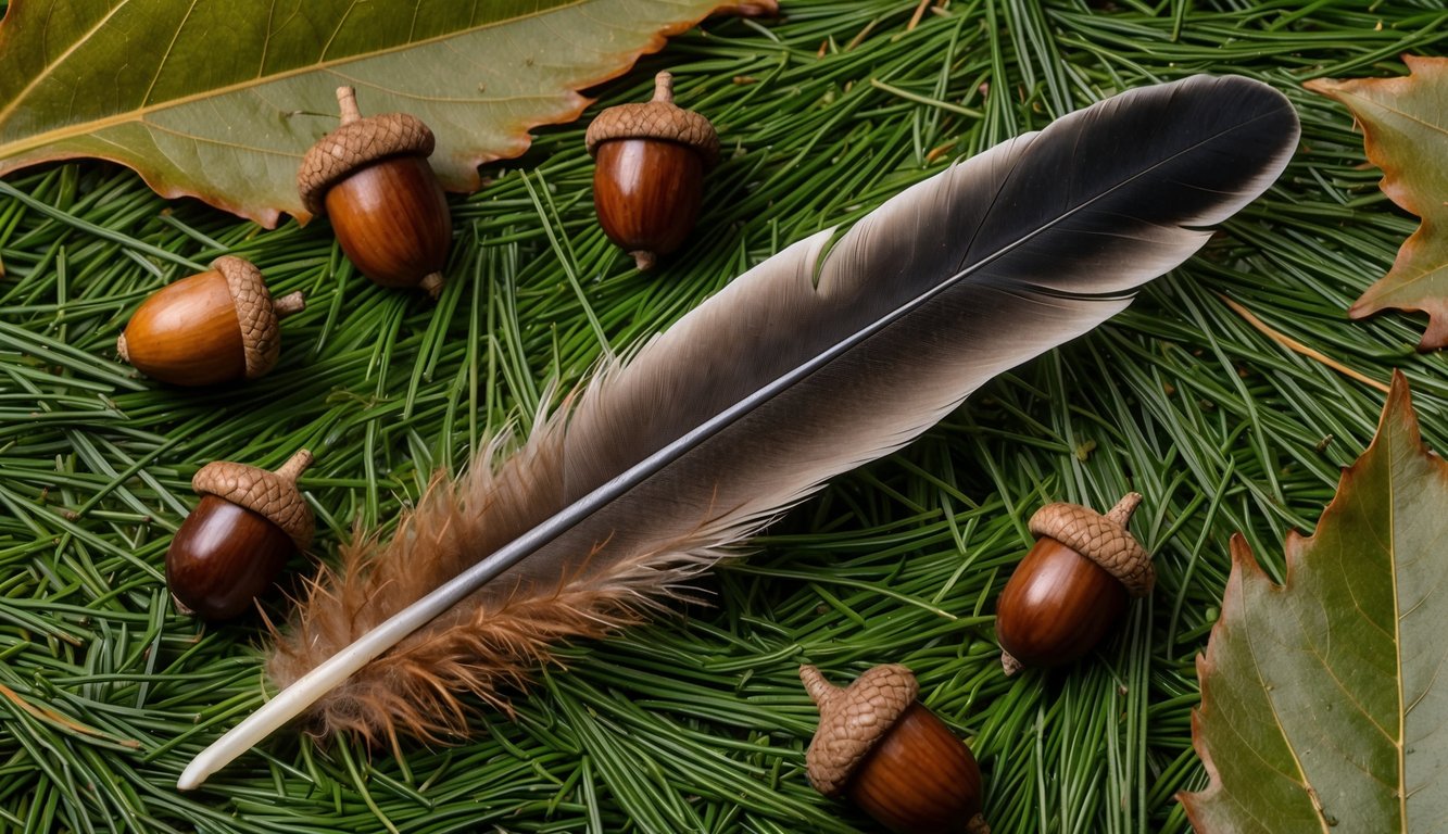 A northern flicker feather rests on a bed of pine needles, surrounded by acorns and oak leaves