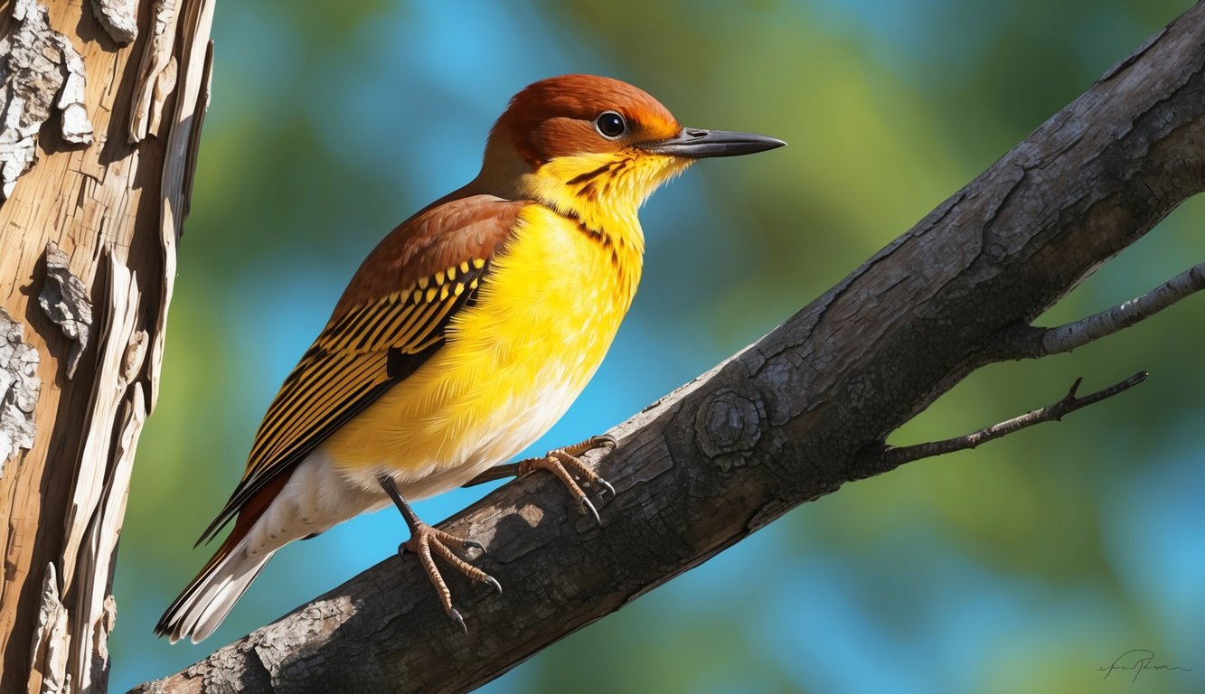 A Northern Flicker perched on a tree branch, its distinctive yellow feathered plumage catching the sunlight as it pecks at the bark