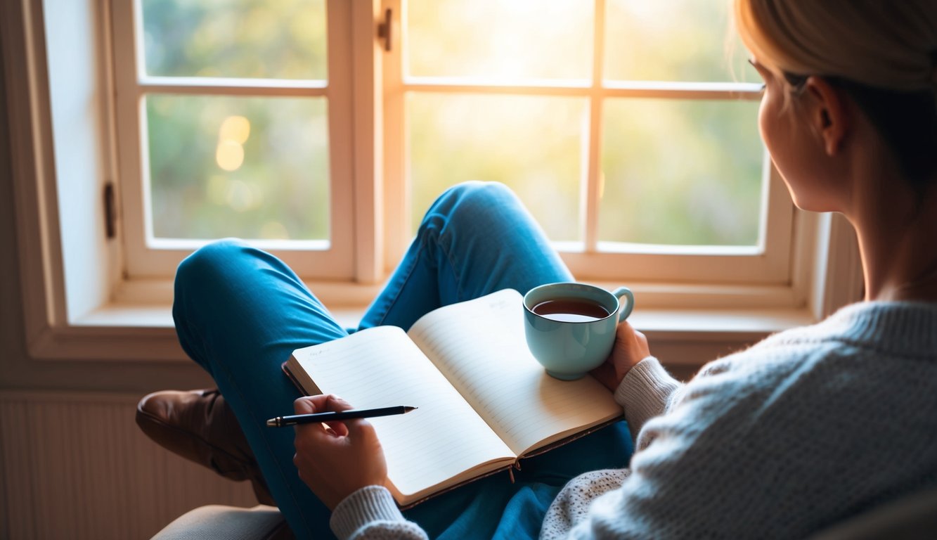 A person sits in a cozy room with a journal, pen, and a cup of tea.</p><p>Soft natural light filters in through a window, creating a peaceful atmosphere for self-reflection and journaling