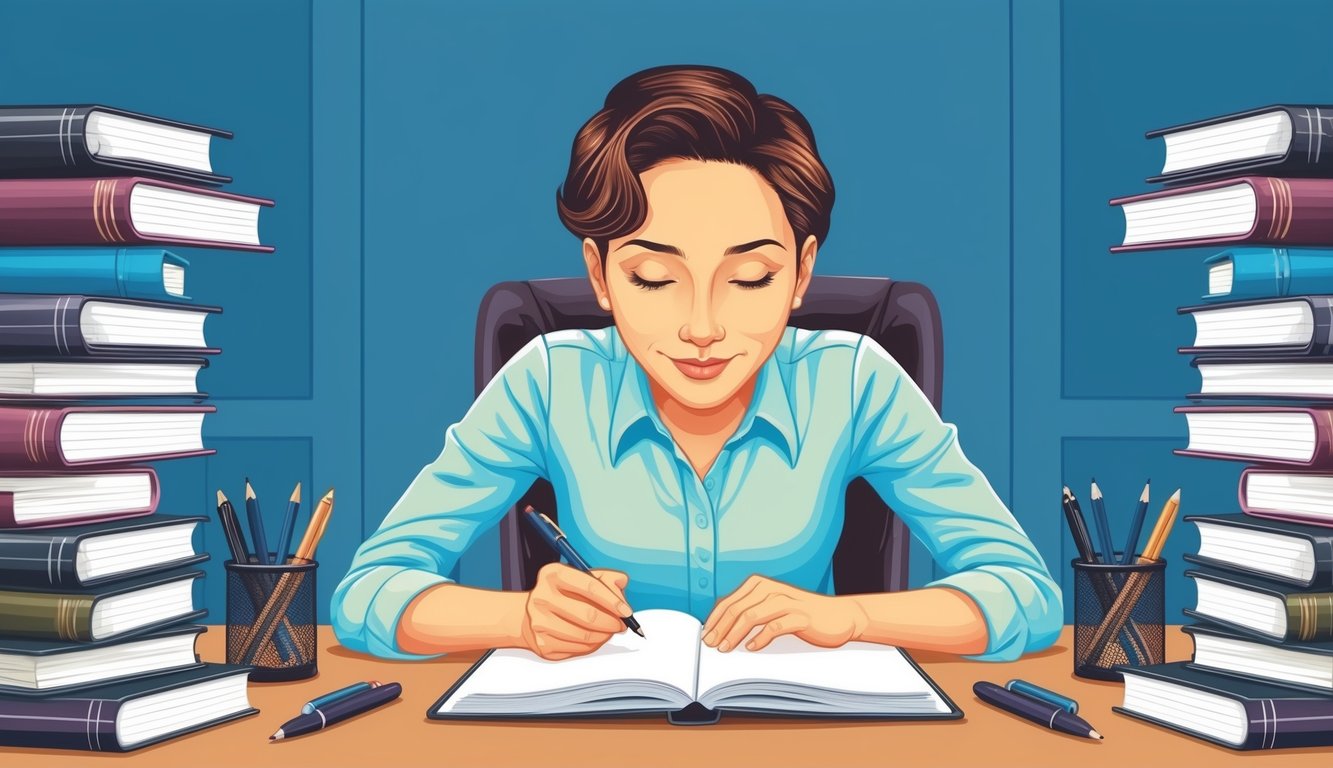 A person sitting at a desk, surrounded by journals and pens.</p><p>The person is deep in thought, with a serene expression on their face