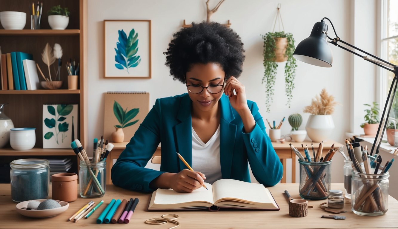 A person sitting at a desk with a journal open, surrounded by art supplies and nature elements, lost in thought