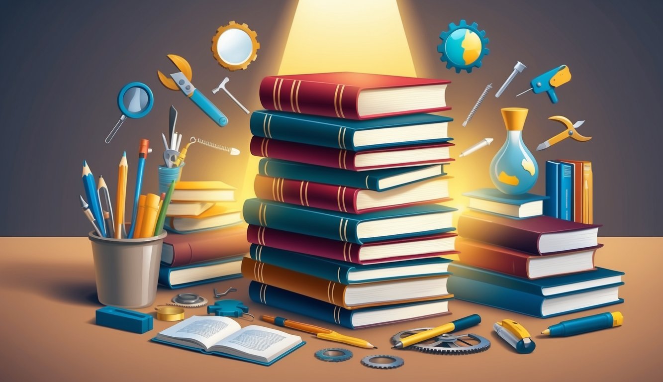 A stack of books surrounded by various tools and resources, with a light shining on them, symbolizing continuous learning and skills development