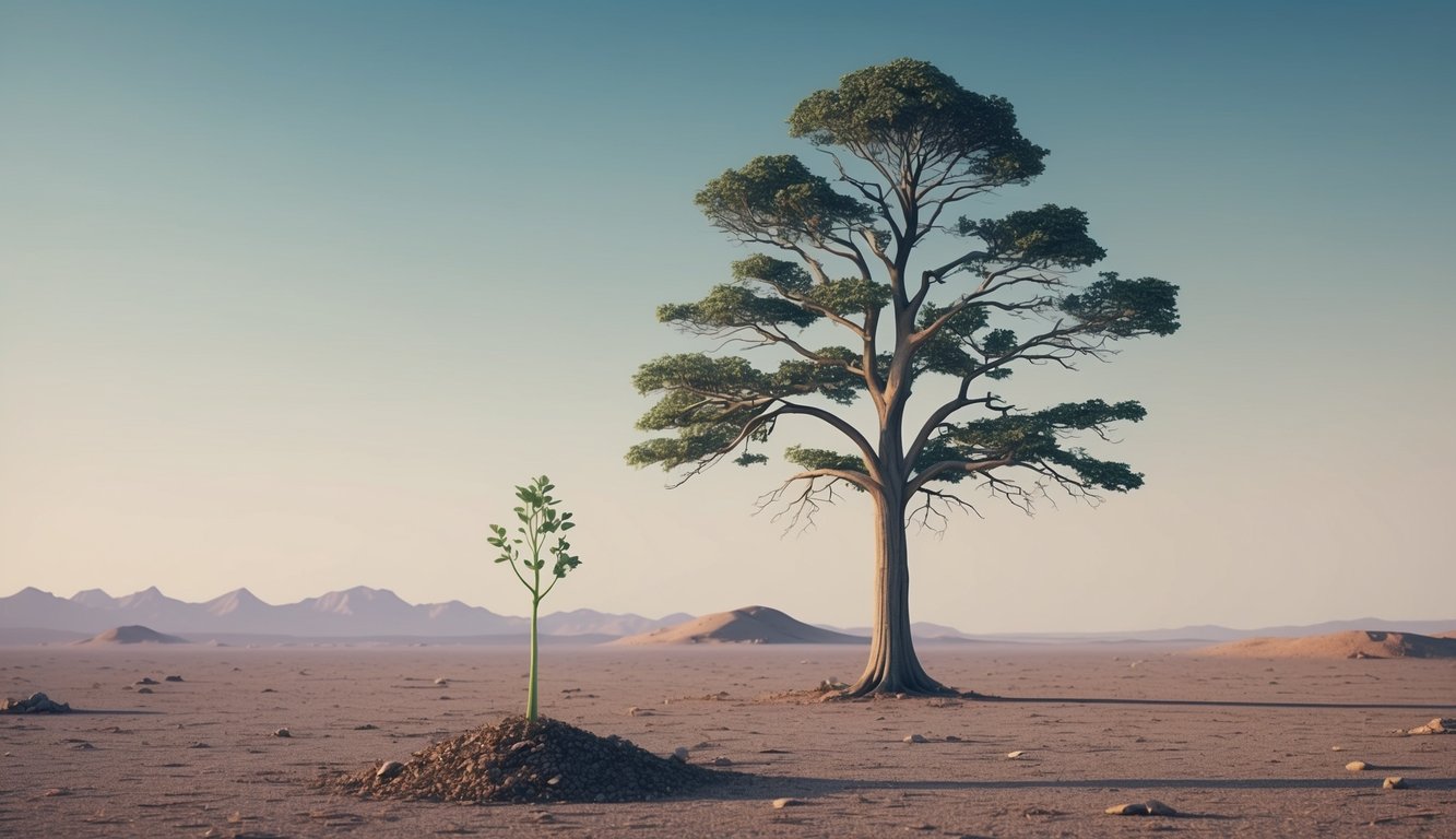 A lone tree standing tall amidst a barren landscape, with a small sprout emerging from the ground next to it, symbolizing growth and resilience