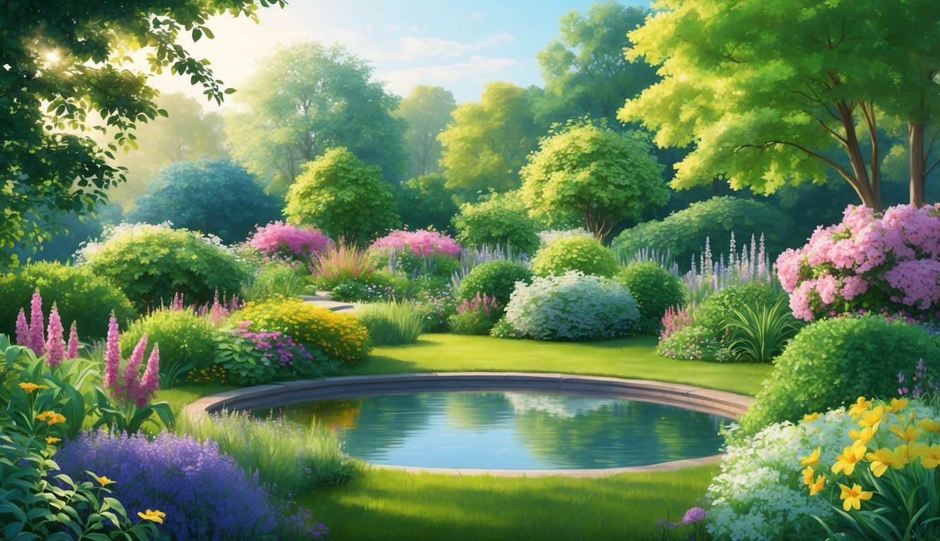 A serene garden with a mix of blooming flowers, lush greenery, and a peaceful pond, surrounded by a harmonious balance of sunlight and shade