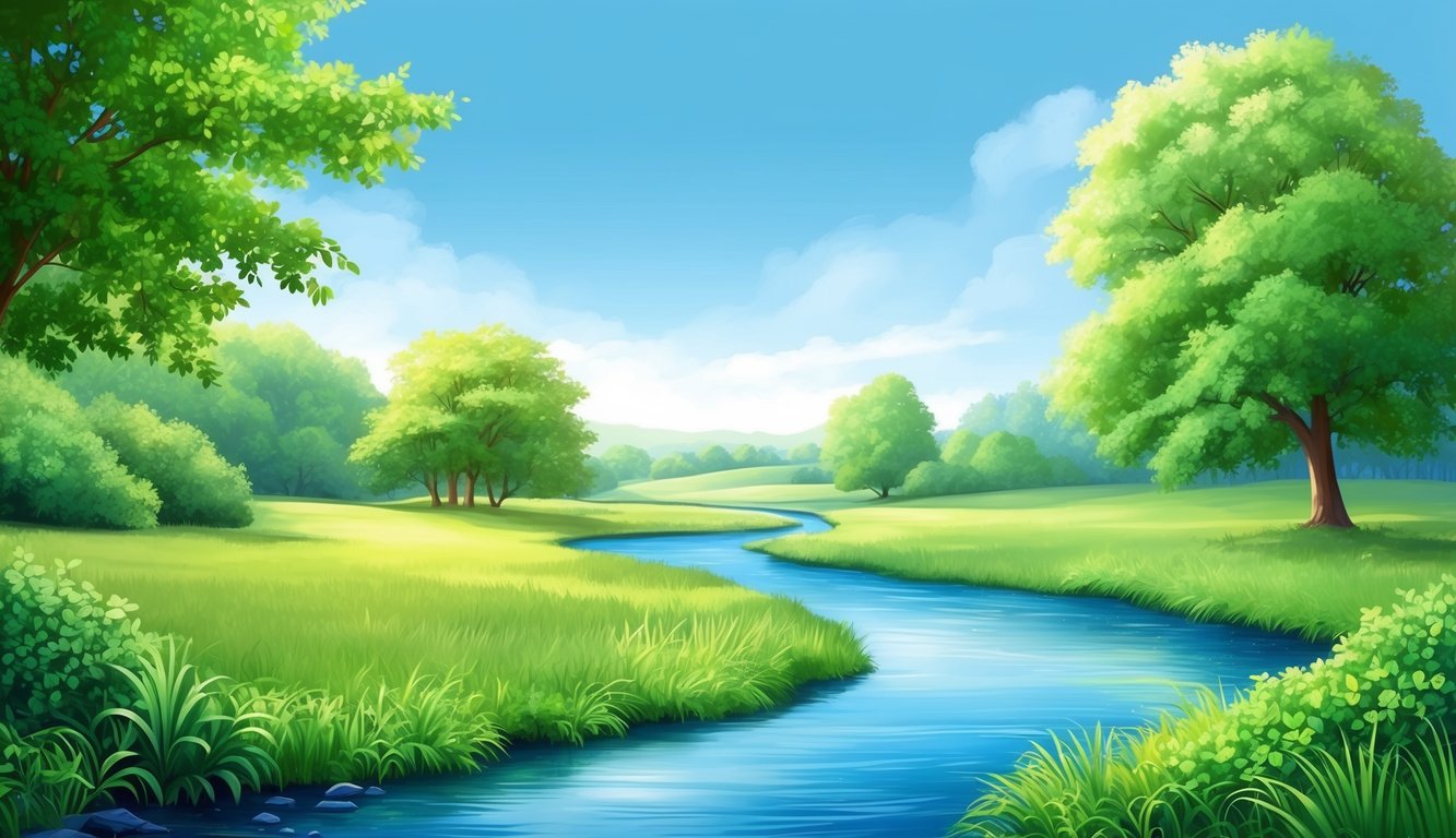 A serene, tranquil landscape with a peaceful stream, lush greenery, and a clear blue sky, evoking a sense of calm and relaxation