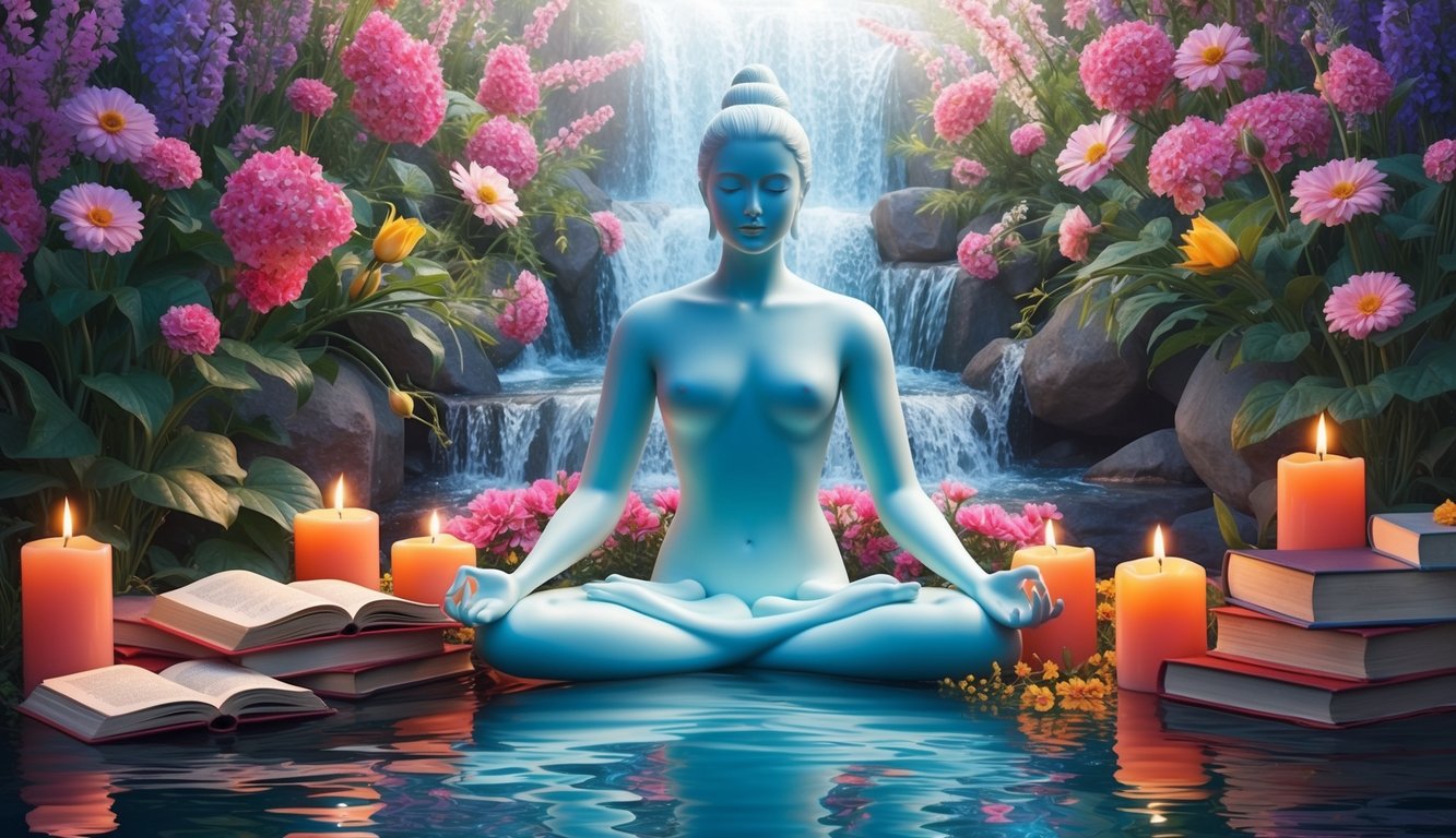 A serene figure sits cross-legged amidst blooming flowers and flowing water, surrounded by books and candles