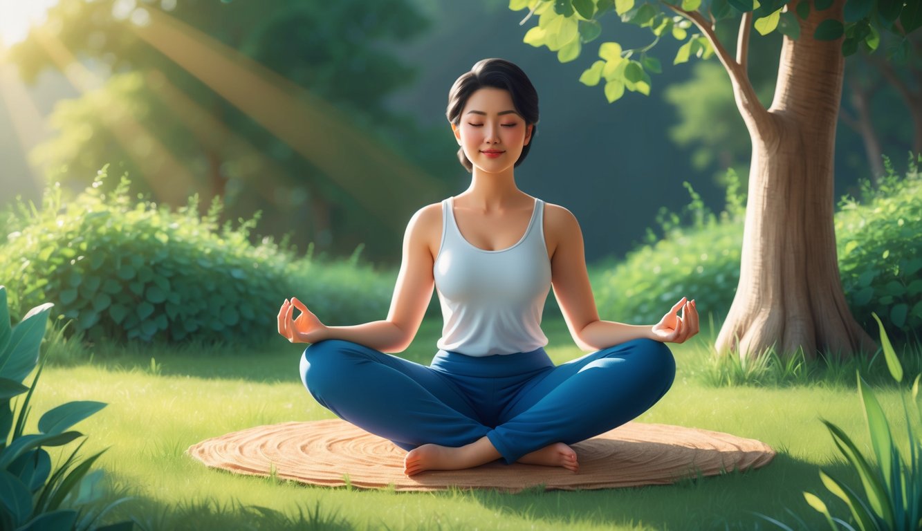 A person sitting cross-legged in a peaceful, natural setting, surrounded by greenery and sunlight, with a calm expression on their face