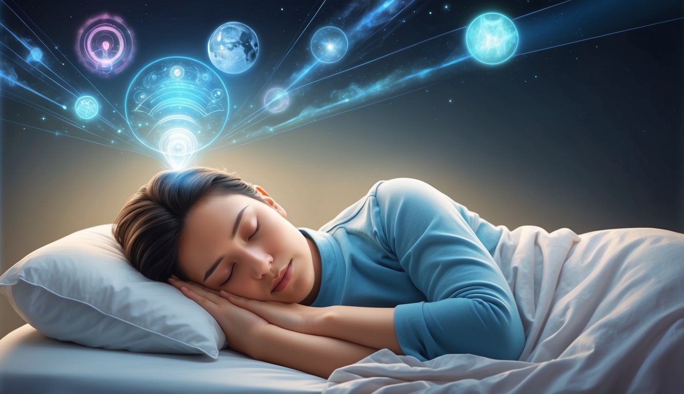 A person sleeping peacefully as ethereal symbols and imagery float above them, representing the universe's signals of someone thinking of them