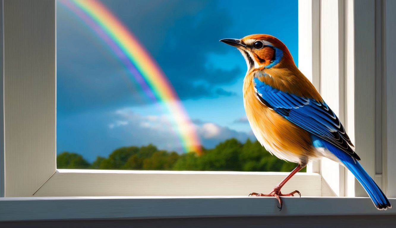 A bird perched on a windowsill, gazing into the distance as a rainbow forms in the sky