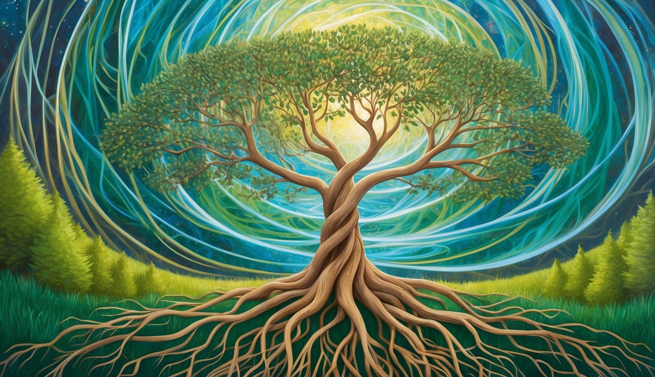 A tree with intertwining roots and branches, surrounded by swirling patterns in nature, symbolizing the interconnection of spiritual awakening and synchronicity