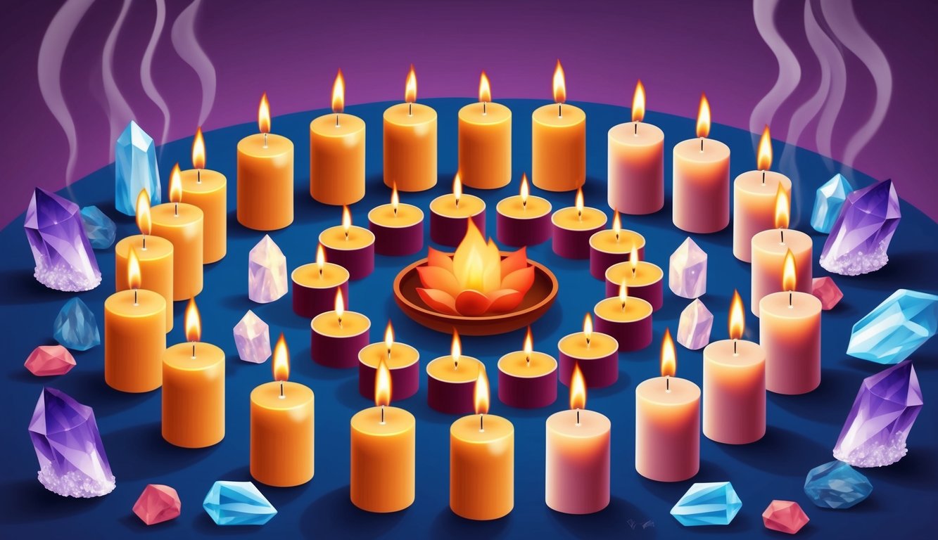 A group of candles arranged in a circle, surrounded by crystals and burning incense, creating a serene and spiritual atmosphere