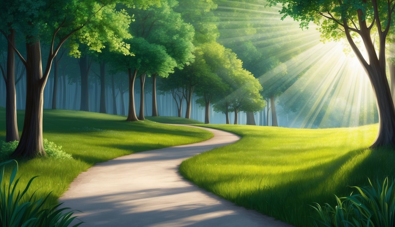 A serene landscape with a winding path leading through a lush forest, with rays of sunlight breaking through the trees