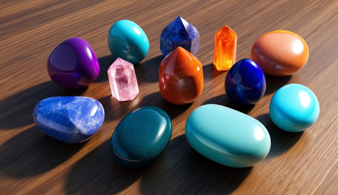 A collection of healing crystals arranged on a wooden surface, with natural light casting colorful reflections on the smooth, polished stones