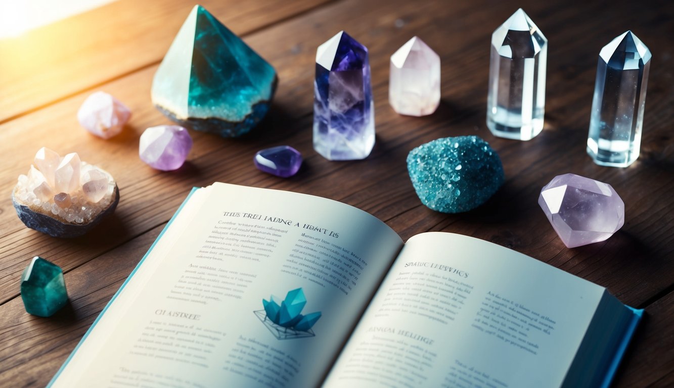 Various crystals arranged on a wooden surface, with a book open to a page about their healing properties.</p><p>A soft glow illuminates the scene