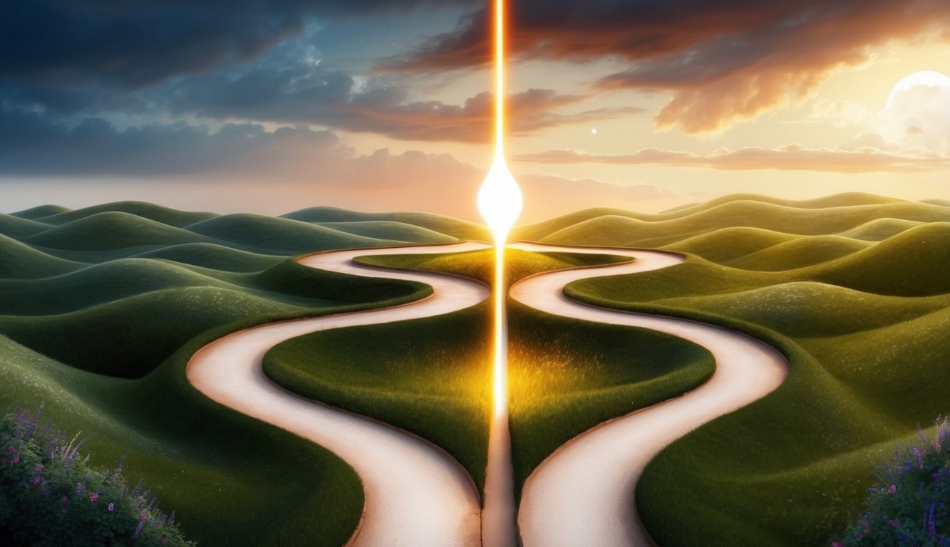 A winding path splitting into two, with a glowing intuition guiding the way