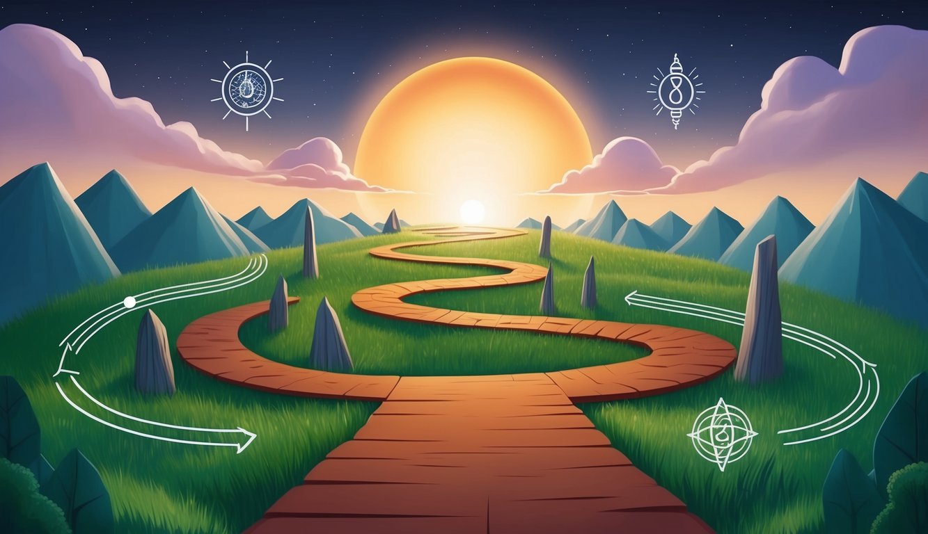 A winding path leading through obstacles towards a glowing light, surrounded by symbols of intuition and personal growth