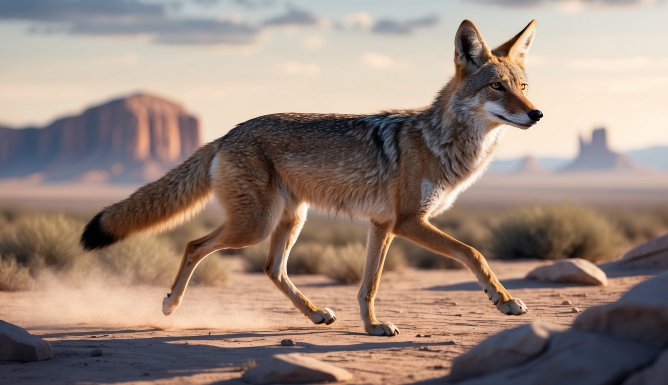 A coyote trots confidently across a rocky desert landscape, its fur blending seamlessly with the earthy tones of its surroundings.</p><p>Its sharp eyes scan the horizon, exuding adaptability and resilience in the harsh daytime sun