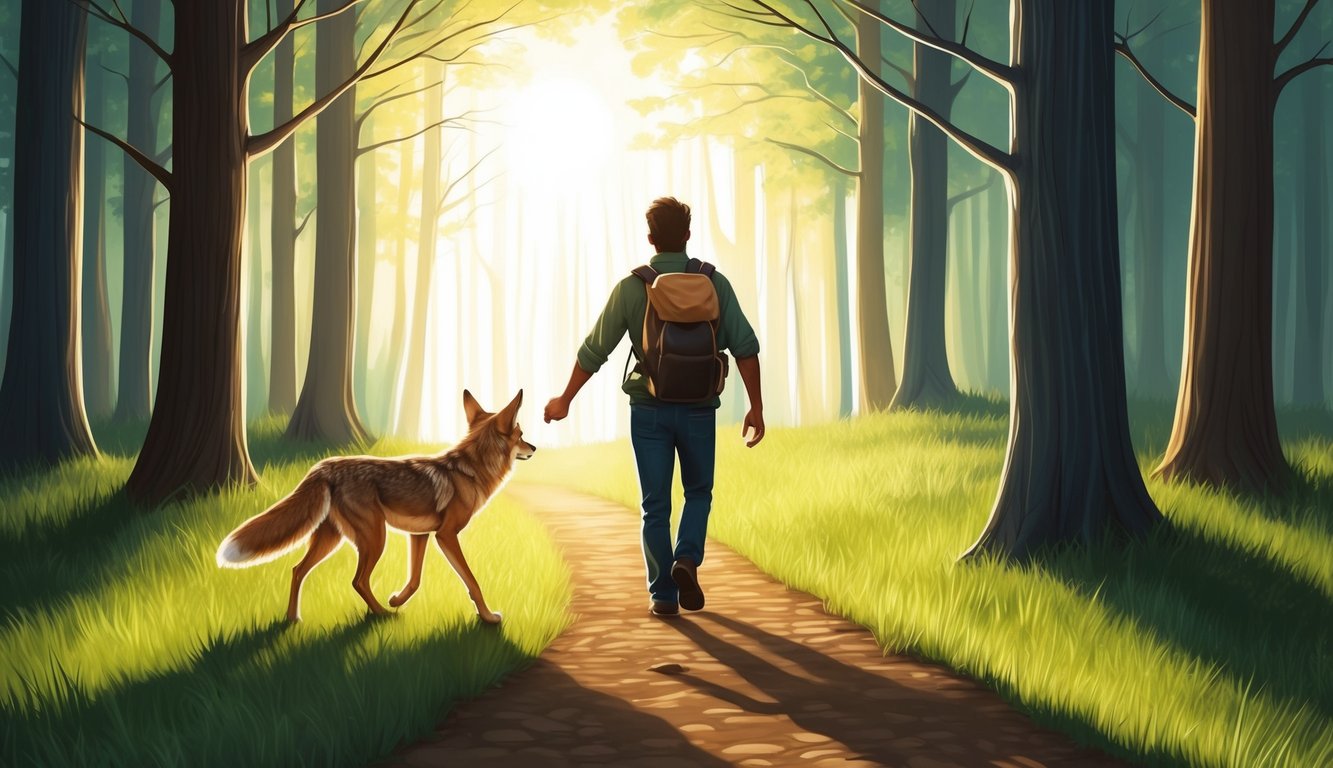 A coyote leading a person through a sunlit forest, symbolizing personal growth and guidance