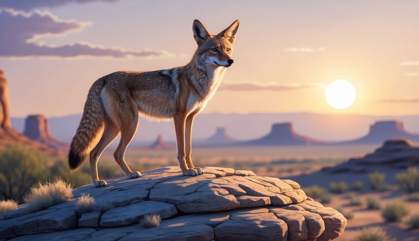 A coyote stands confidently on a rocky outcrop, its keen eyes scanning the horizon as the sun casts a warm glow over the desert landscape