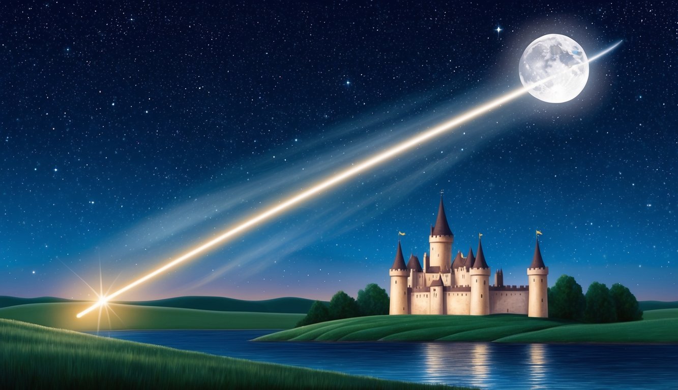 A shooting star streaking across a starry night sky, with a distant castle illuminated by moonlight