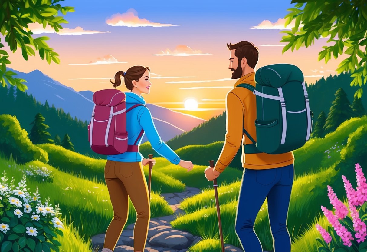 Aries and Taurus enjoying a scenic sunset hike together, surrounded by lush greenery and blooming flowers, symbolizing their stable and harmonious long-term prospects