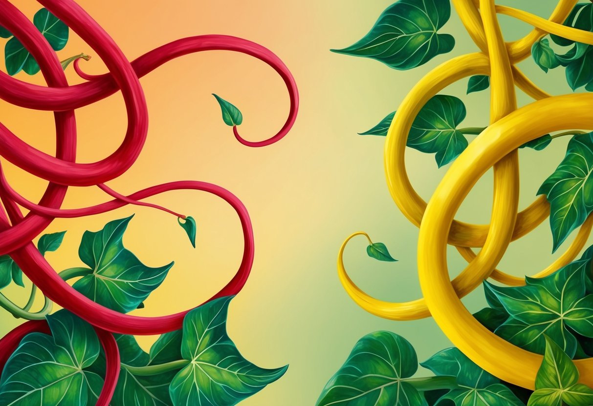 Two vibrant, intertwining vines, one fiery red and the other bright yellow, symbolizing the dynamic and nurturing friendship and partnership between Aries and Gemini