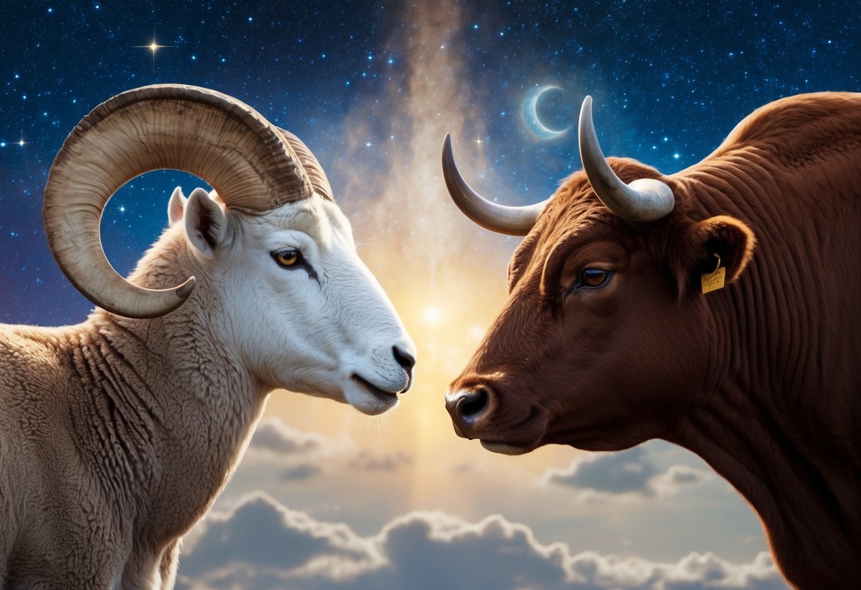 A ram and a bull face each other, surrounded by a celestial backdrop