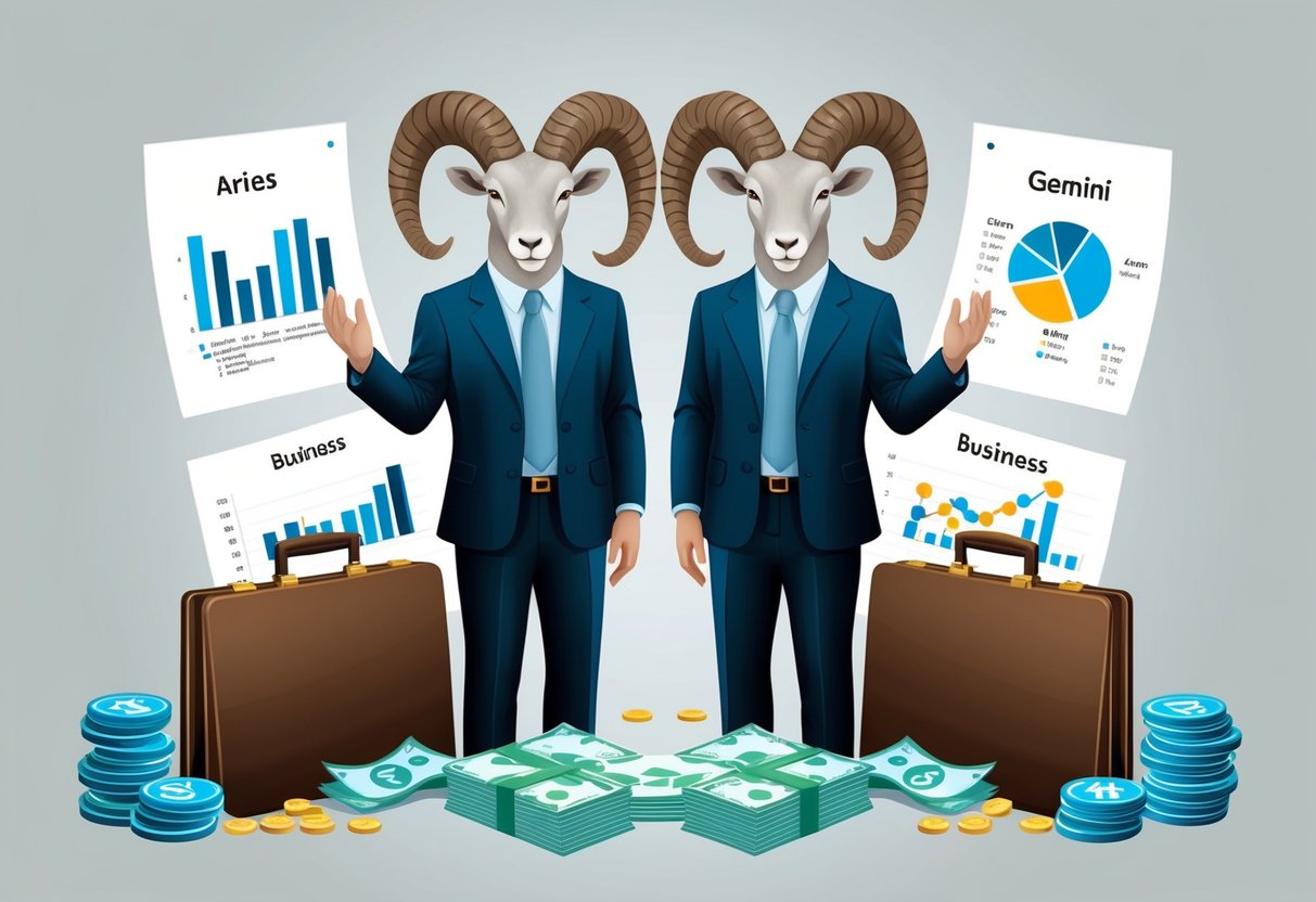 An Aries and Gemini symbolically represented by a ram and twins standing side by side, surrounded by elements of business such as briefcases, charts, and money