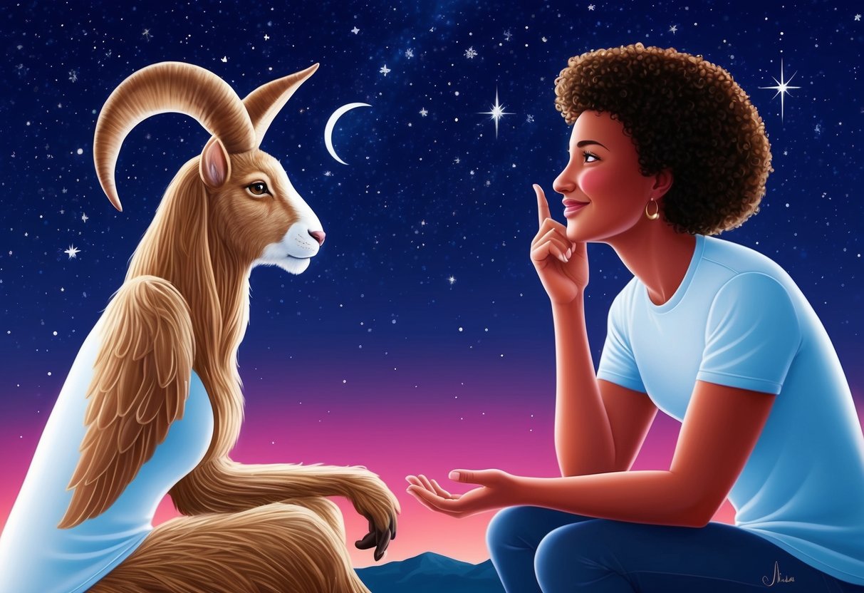 An Aries and Cancer sharing a heartfelt conversation under a starry night sky