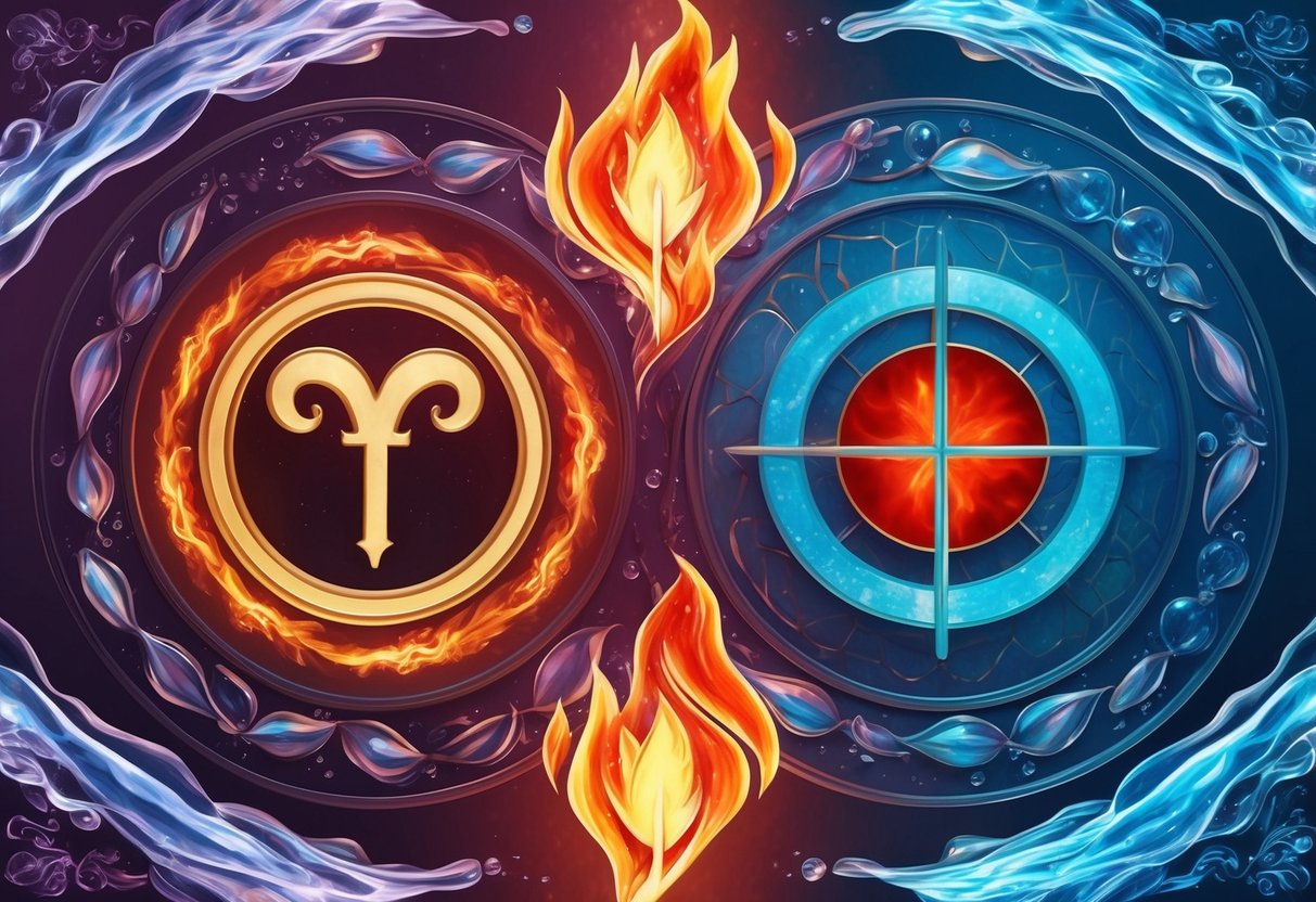 Aries and Cancer symbols surrounded by elements of fire and water merging in harmony