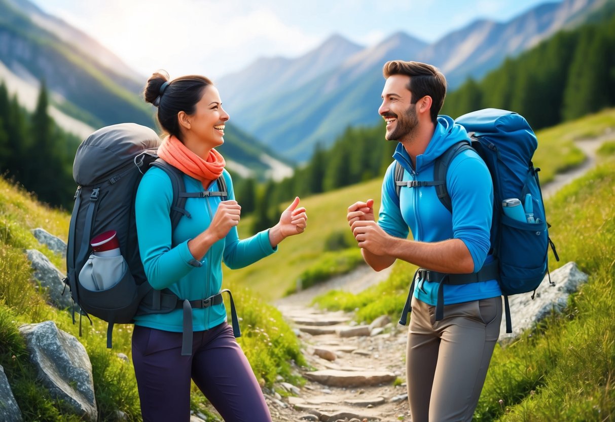 Two figures engaged in a lively conversation while hiking through a scenic mountain trail.</p><p>They are laughing and enjoying each other's company, showcasing the strong bond and compatibility between Aries and Scorpio