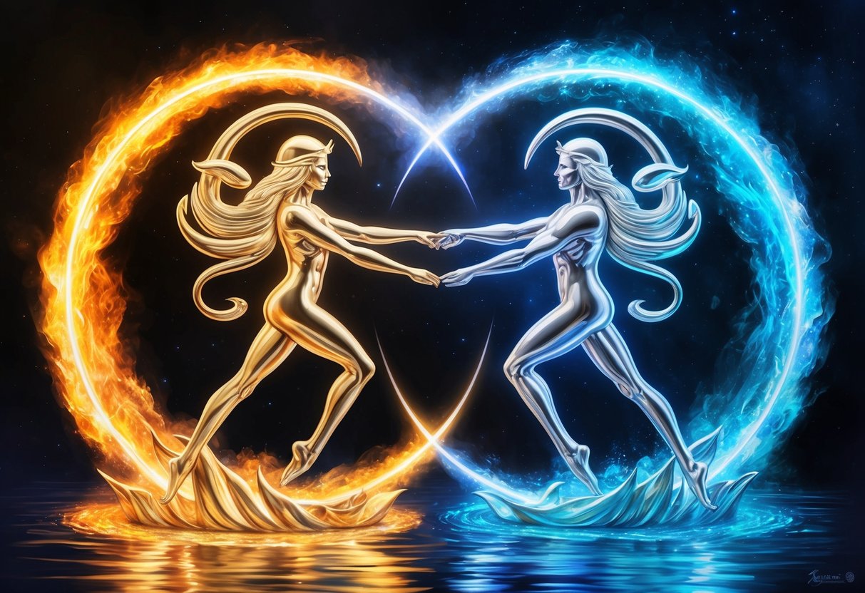 Aries and Scorpio symbols entwined in a cosmic dance, surrounded by fiery and watery elements, representing their intense and passionate compatibility