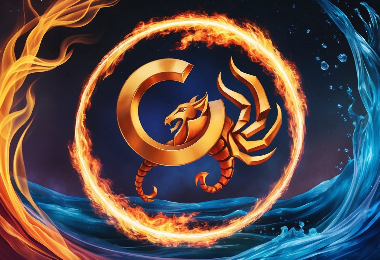 Aries and Scorpio symbols entwined in a fiery dance, surrounded by swirling elements of fire and water