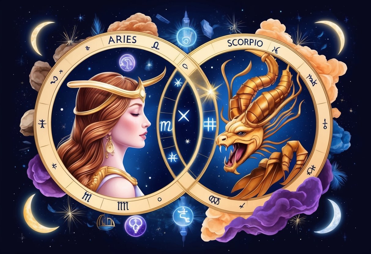 Two zodiac signs, Aries and Scorpio, surrounded by celestial symbols and elements, with a sense of intensity and passion in the air