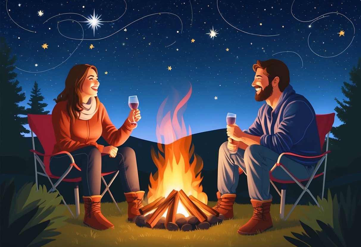 Aries and Sagittarius sit by a cozy campfire under a starry sky, sharing intimate conversation and laughter