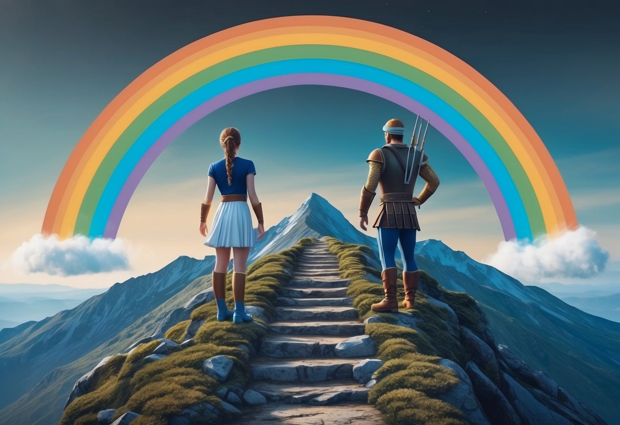 Aries and Sagittarius stand atop a mountain, facing a challenging path.</p><p>A rainbow arches overhead, symbolizing growth and opportunity