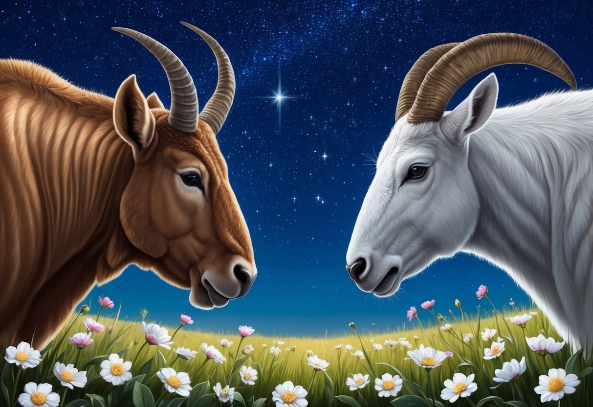 A Taurus and Aries facing each other, surrounded by a field of blooming flowers under a clear, starry night sky