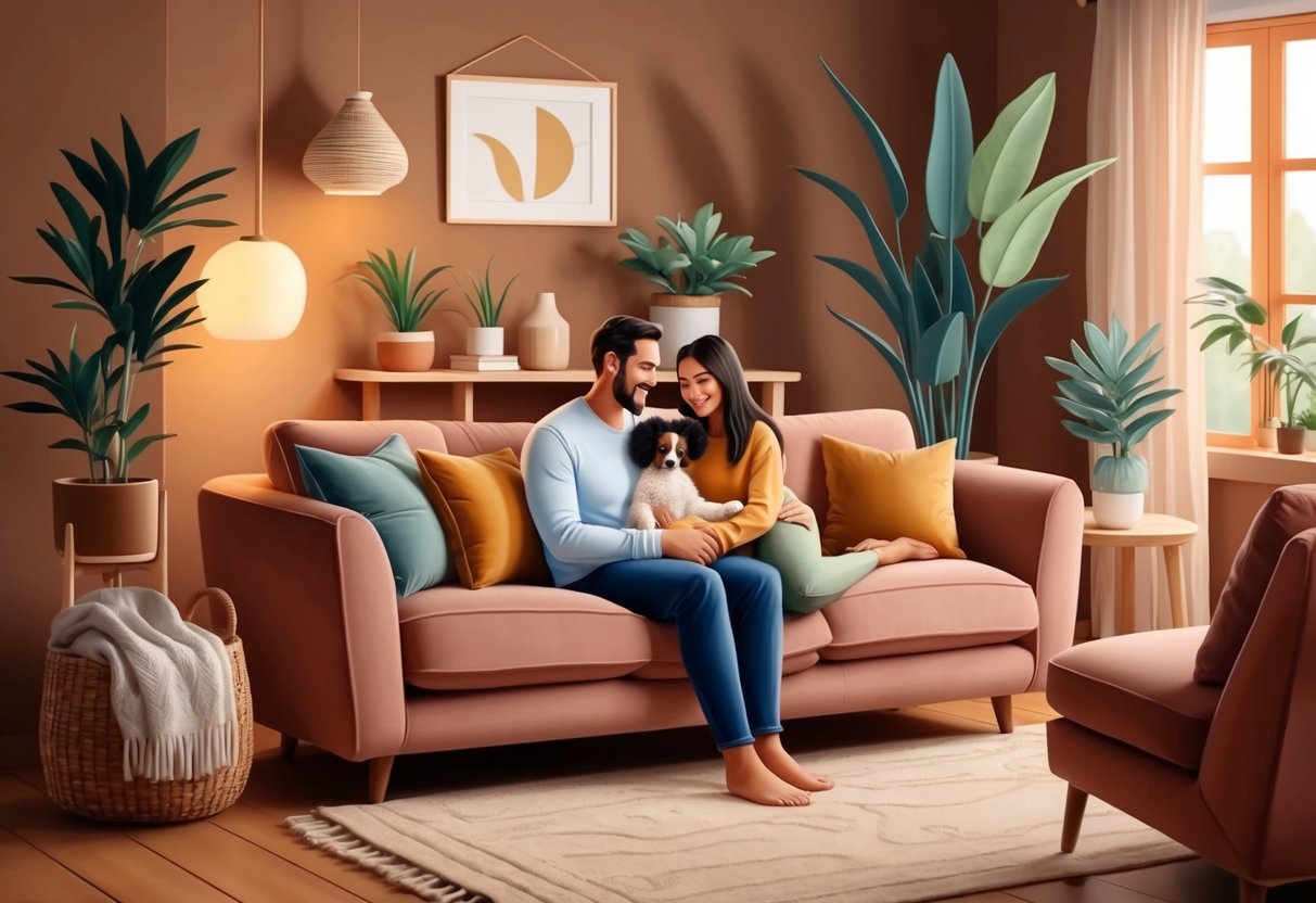 A cozy living room with warm earth tones, plush furniture, and soft lighting.</p><p>A Taurus and Cancer are cuddled on the sofa, surrounded by plants and comforting decor